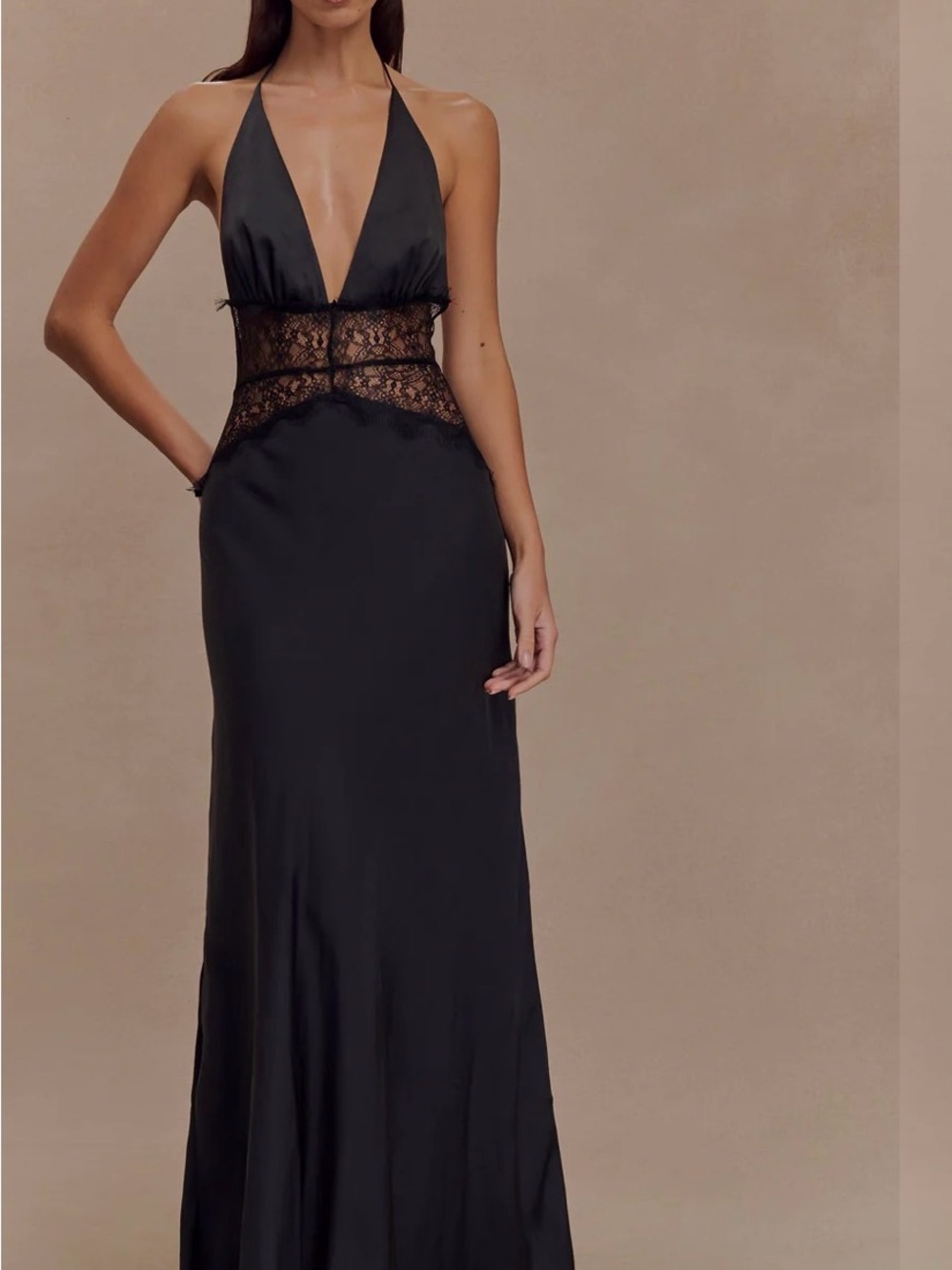 Elegant Black Lace and Satin Maxi Dress Halter Evening Dress Size M NWT